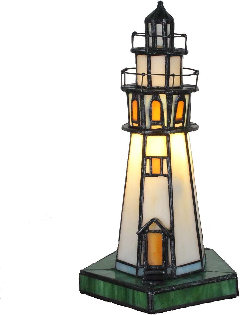SHADY L10221 Lighthouse 10 inch  Style Stained Glass Accent Table Lamp  Night Light