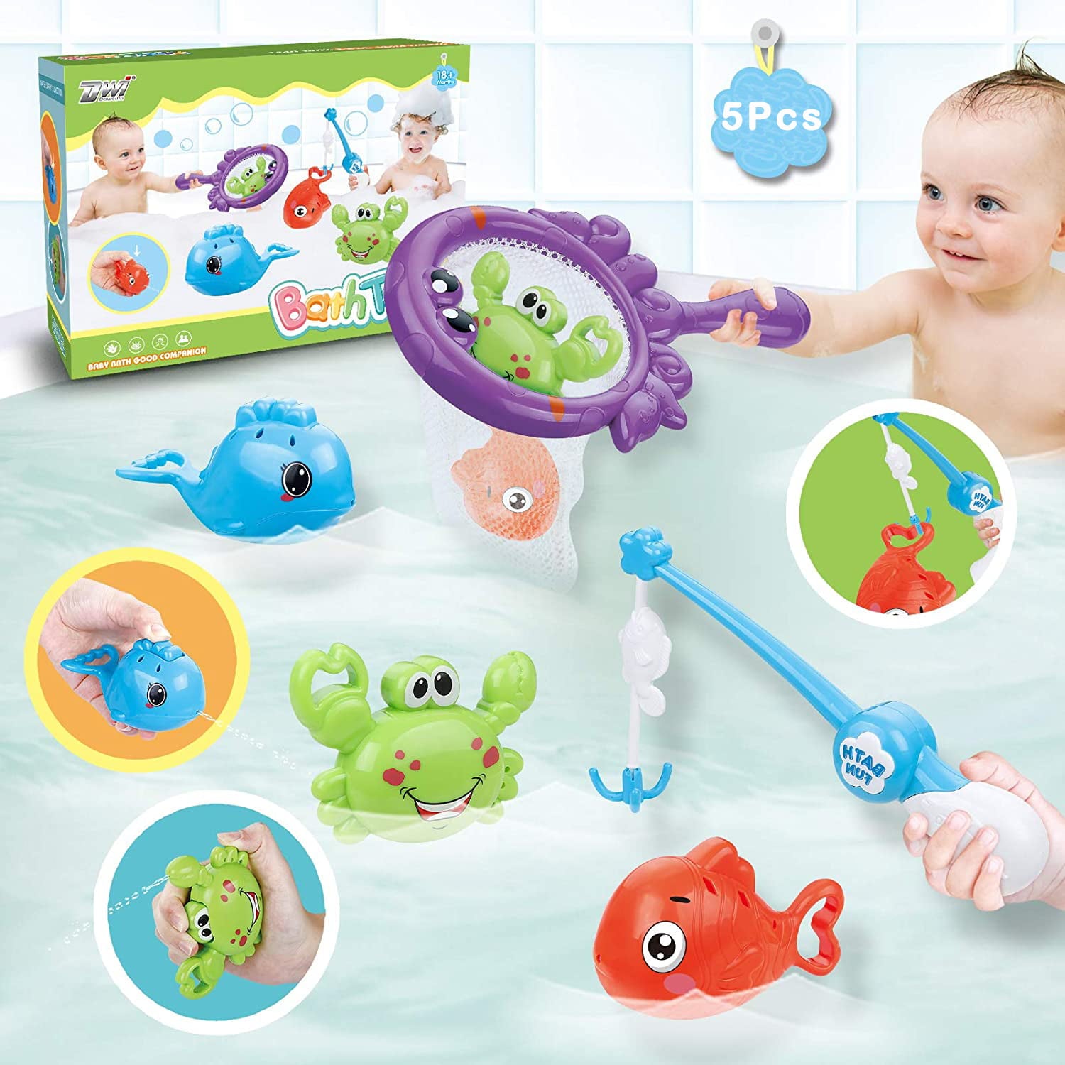 Baby Bath Fishing Toys， Bathtub Pool Toys Set with Fishing Pole and Net， Bath Toys for 1 Year Old Toddler Boys Girls