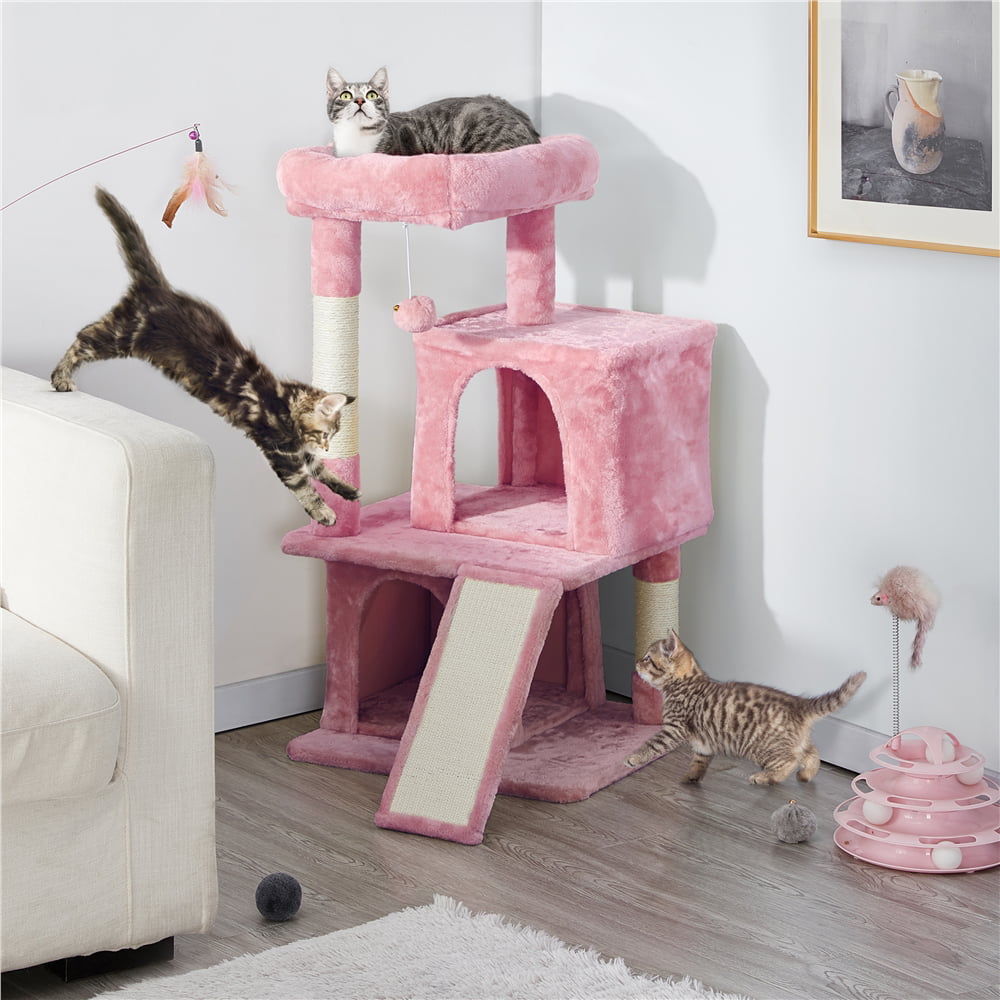 Easyfashion Multilevel Plush Cat Tree with Double Condos and Furry Ball for Cats， Kittens， Pink