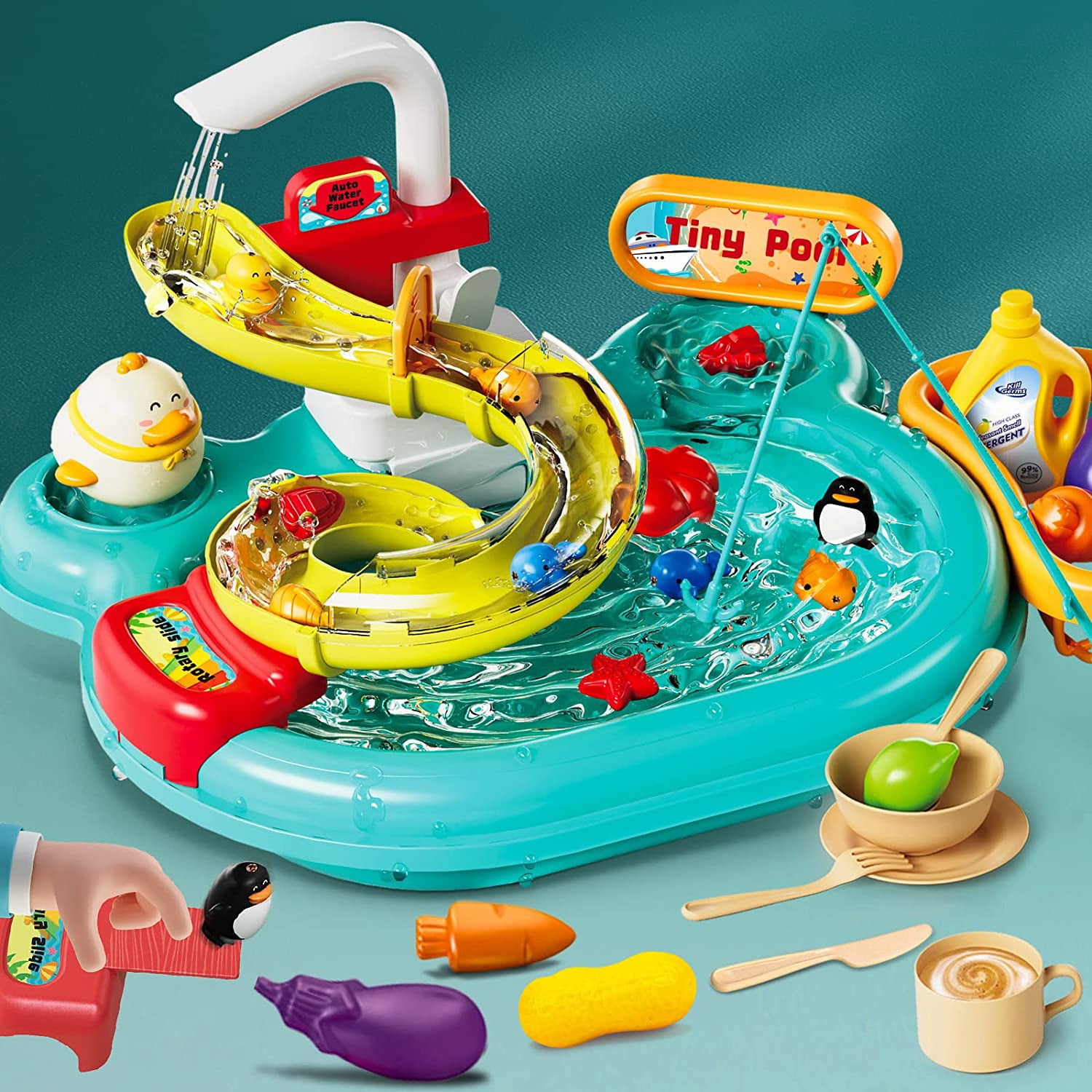 Beefunni Kitchen Sink Toys, Children Electric Dishwasher Playing Toy with Running Water,2 in 1 Fishing Pool Toys Pretend Role Play Toys for Boys Girls 3 Years and Up