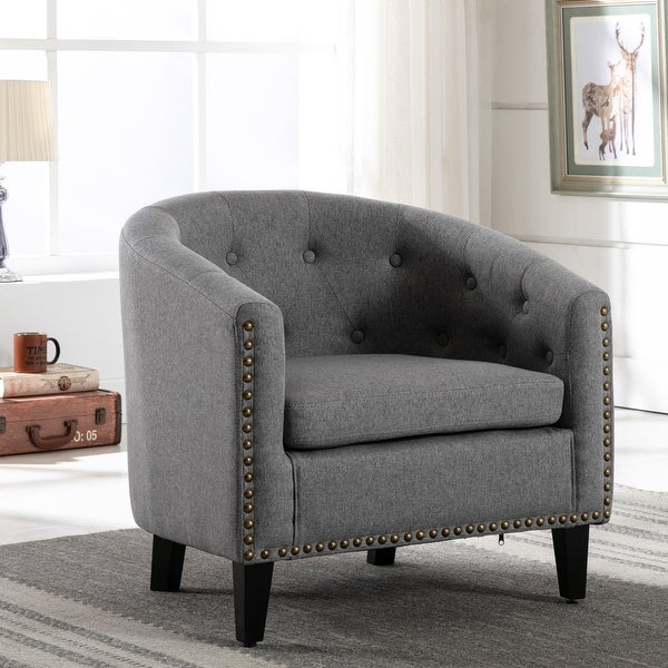 Chesterfield-Inspired Linen Tufted Button Barrel Chair Accent Chair Club Chair， Solid Wood Frame Living Room Side Chair