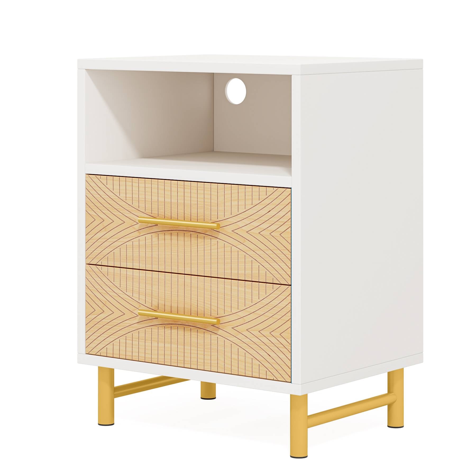 2-Drawer Nightstand, LED Bedside Table with Open Storage