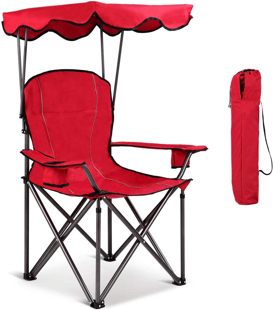 Beach Chair with Canopy Shade, Folding Lawn Chair with Umbrella Cup Holder & Carry Bag, Portable Sunshade Chair for Adults for Outdoor Travel Hiking Fishing, Red