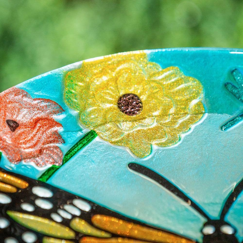 Evergreen 18 in. Butterfly Glitter Hand Painted and Embossed Glass Bird Bath 2GB6961
