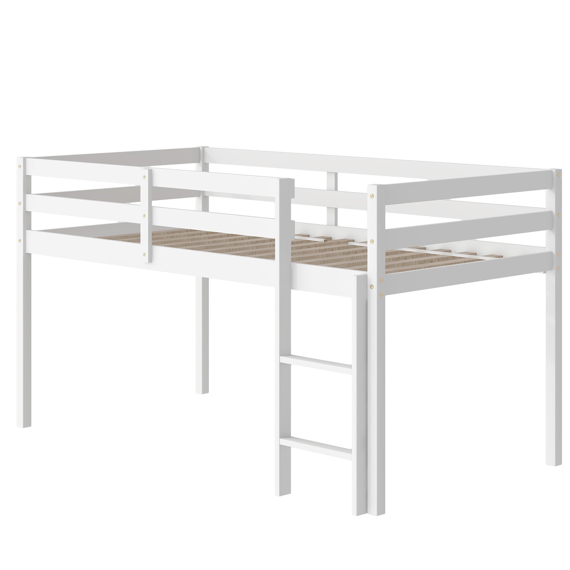 Twin Wood Loft Bed with Full-length Safety Rail and Ladder, Modern Loft Bed Frame for Kids Teens Adult, Space Saving Bedroom Low Loft Bed, No Box Spring Needed, White, J2309