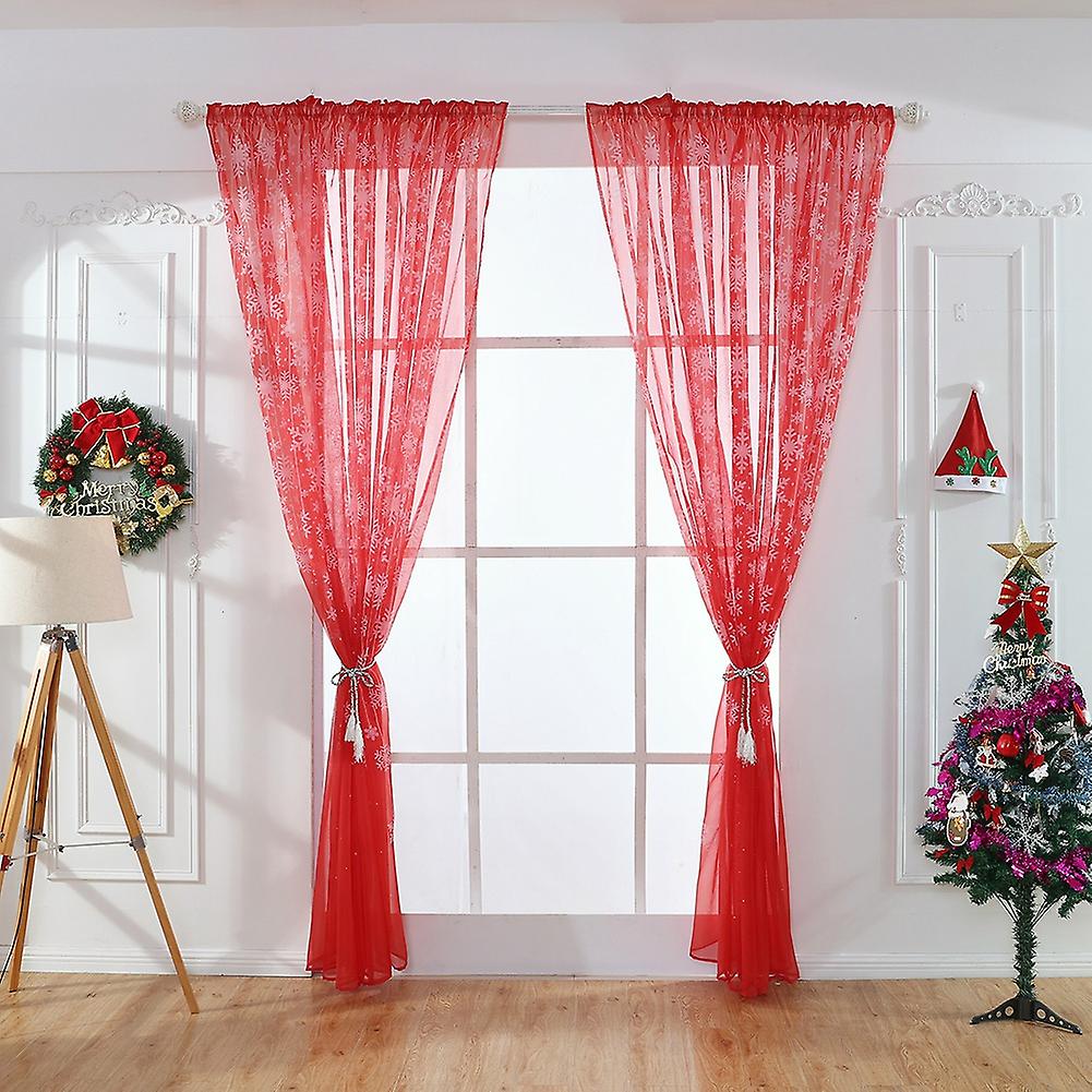 Snowflake Pattern Transparent Printed Window Curtain Voile Sheer Panels For Bedroom Living Roomred