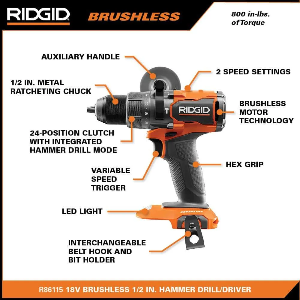 RIDGID 18V Brushless Cordless 1/2 in. Hammer Drill/Driver (Tool Only) R86115B