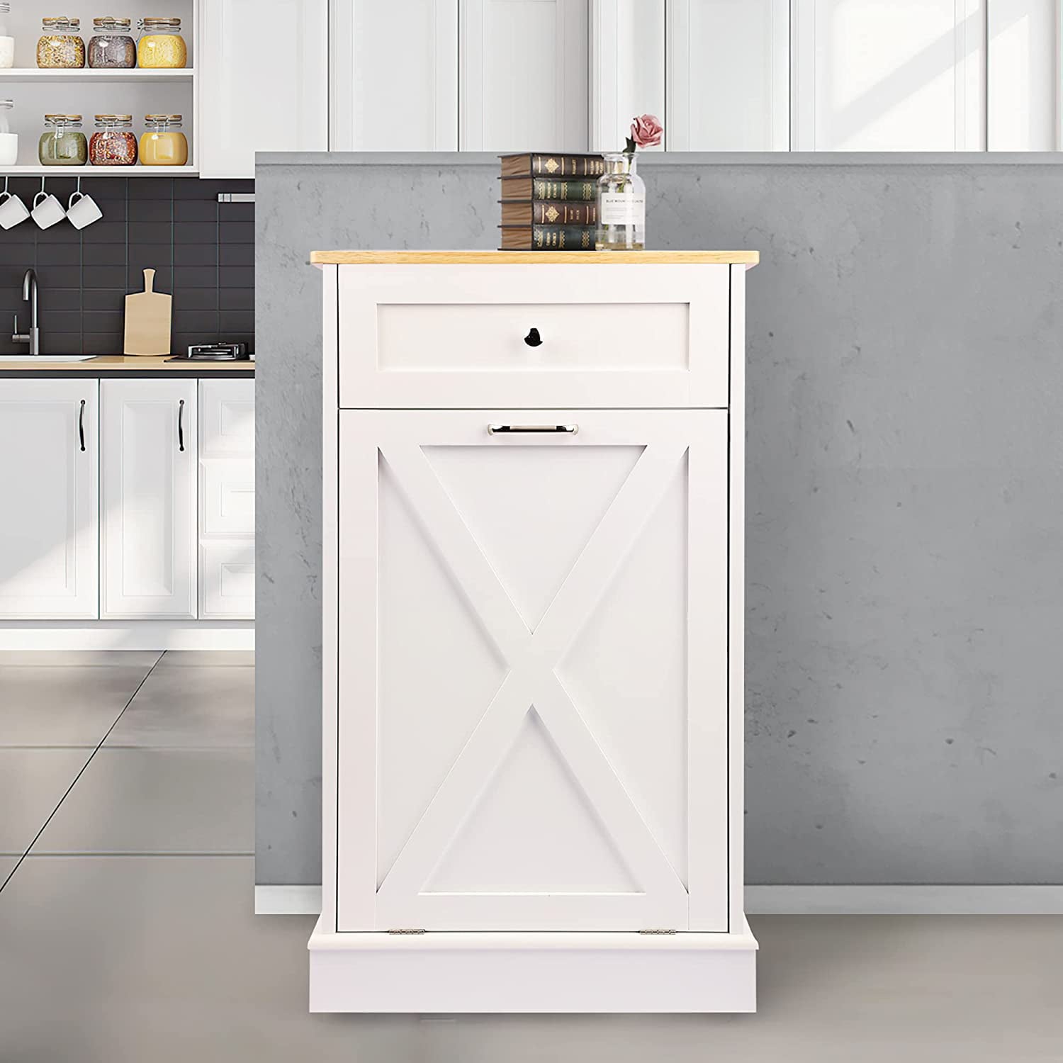 Tilt Out Trash Cabinet，Antique-style Barn Door Kitchen Island with Solid Wood Tabletop and Drawer， Pet Proof Trash Can， Wood Laundry Cabinet
