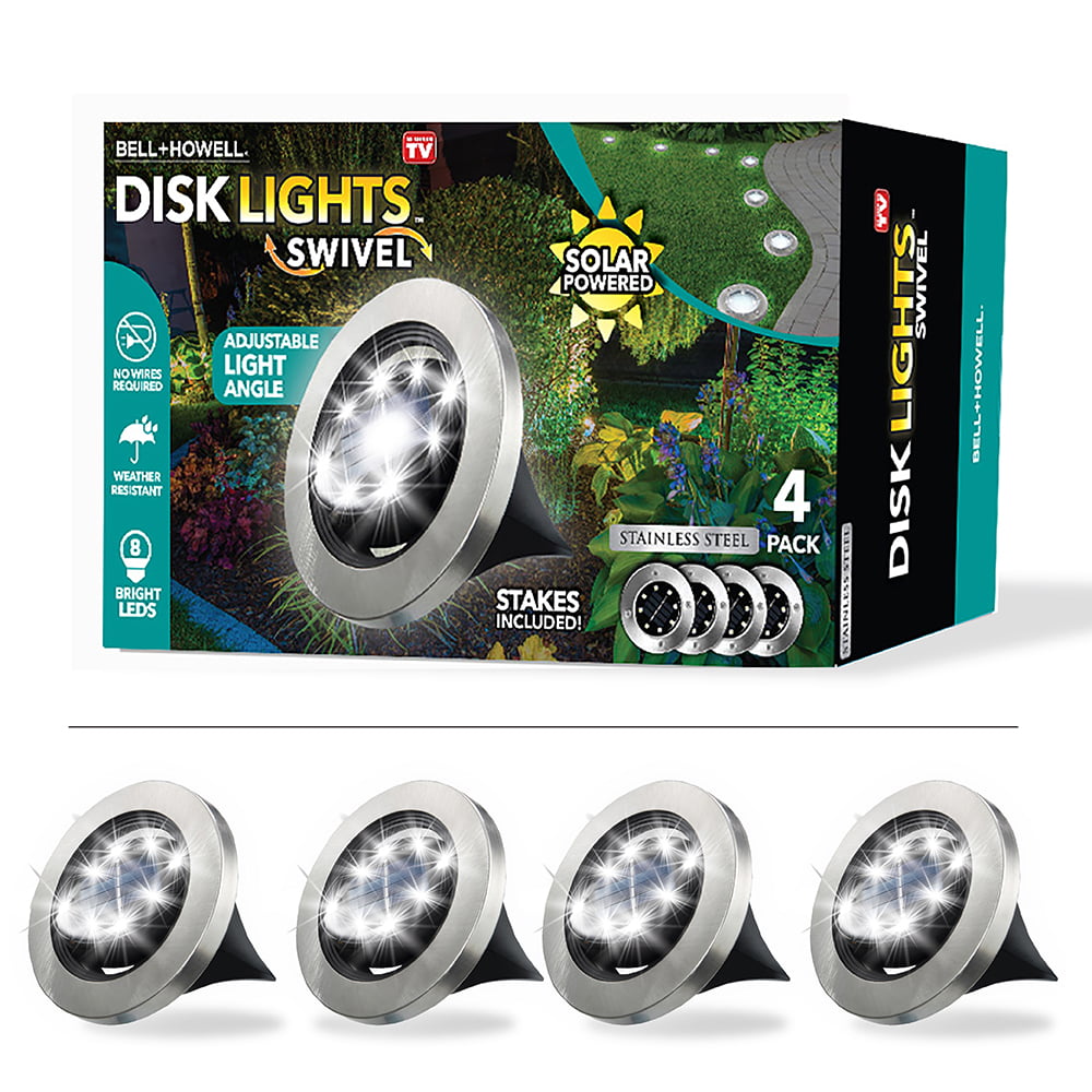 Bell + Howell Solar Powered Swivel Disk Lights， Outdoor Path Lights with 8 LED Bulbs， Stainless Steel 4 Pack