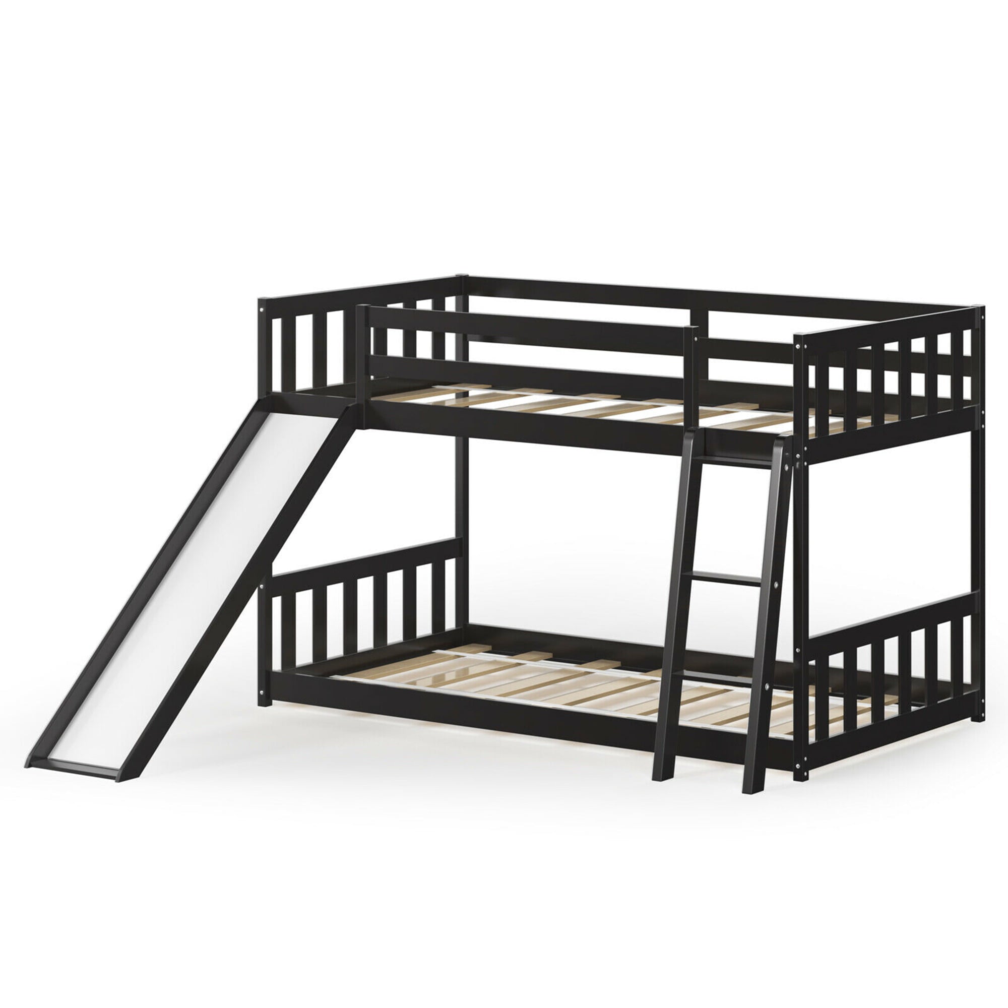Gymax Twin over Twin Bunk Wooden Low Bed with Slide Ladder for Kids Espresso