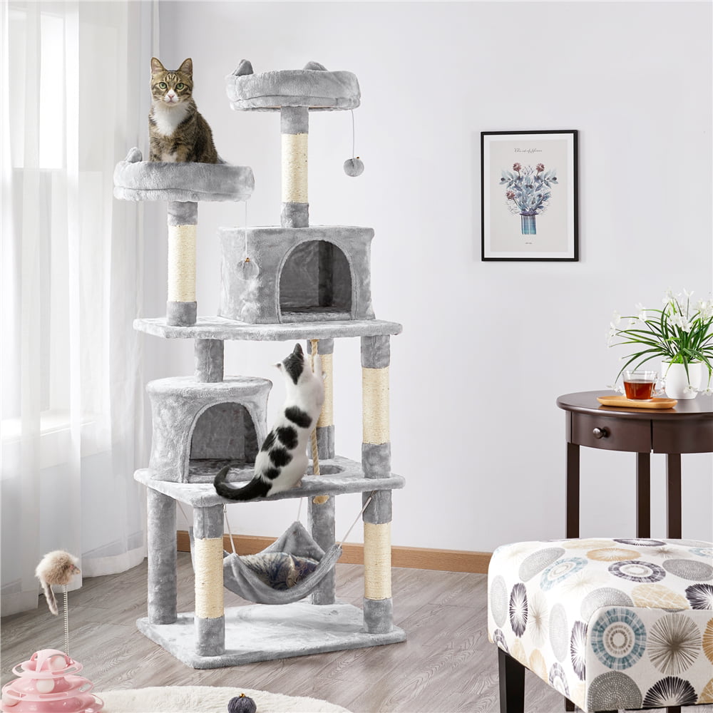 Topeakmart 62.2'' Multi Level Cat Tree Scratching Post Tower with 2 Condos and 2 Foam-Padded Perches and Fur Ball， Light Gray