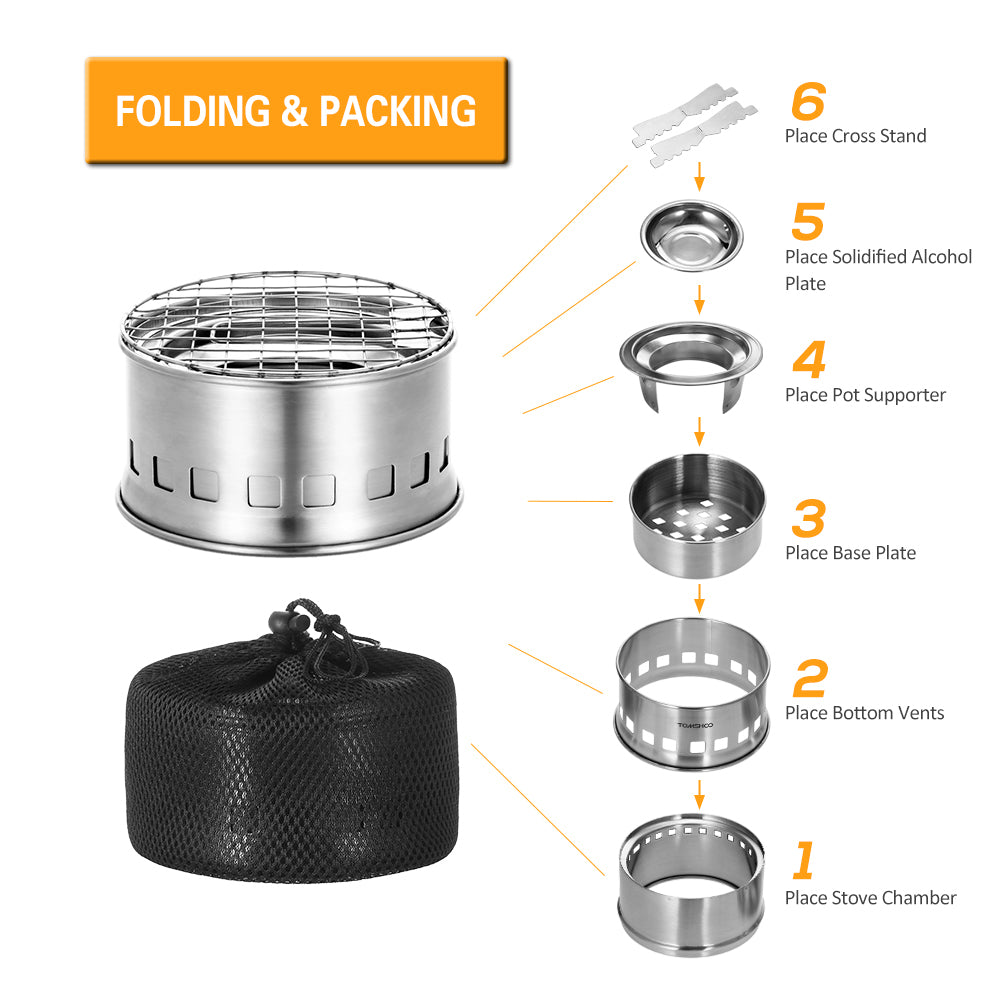 TOMSHOO Portable Folding Windproof Wood Burning Stove Compact Stainless Steel Alcohol Stove Outdoor Camping Hiking Backpacking Picnic BBQ