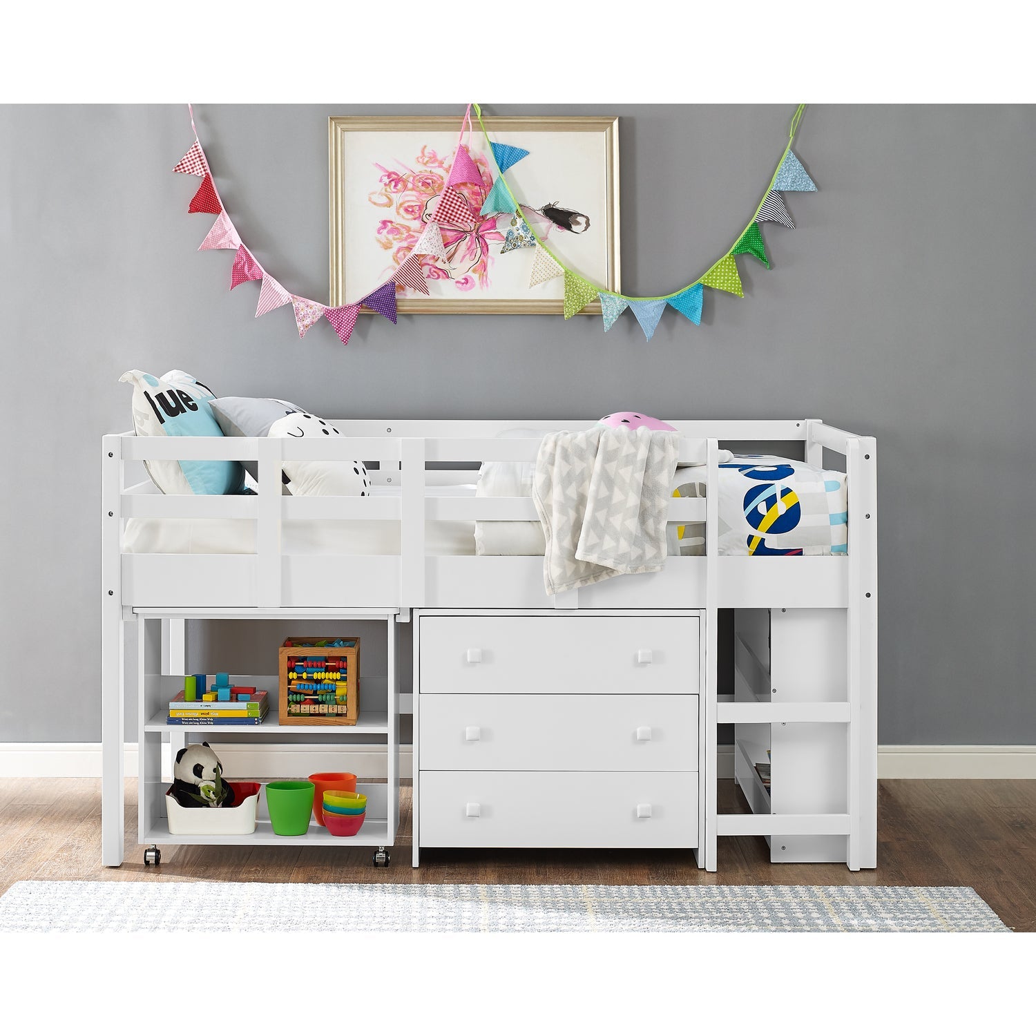 Naomi Home Twin Low Loft Bed with Desk for Kids, Study Loft Bed, White