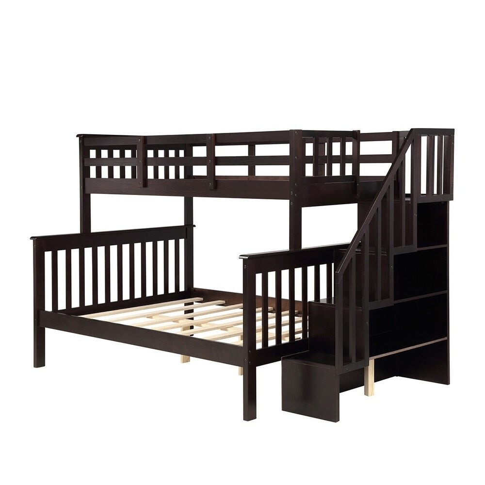 VIRUBI Twin Over Full Bunk Bed with Stairs, Solid Wood Stairway Bunk Bed with Storage and Guard Rail for Kids Teens Adults, Espresso