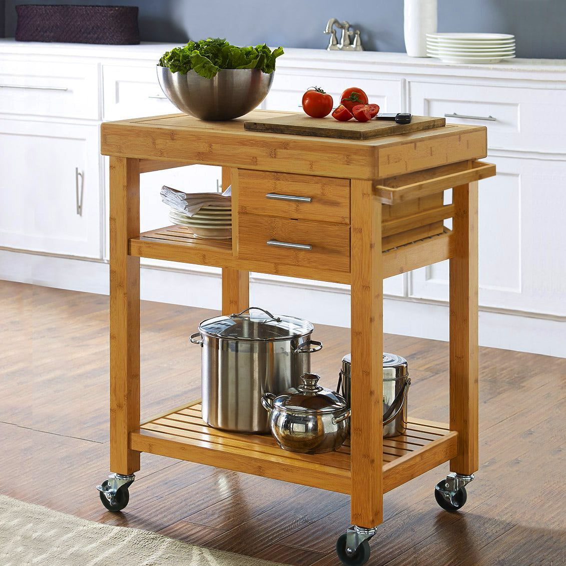 Home Aesthetics Rolling Bamboo Kitchen Island Cart Food Prep Trolley， with Towel