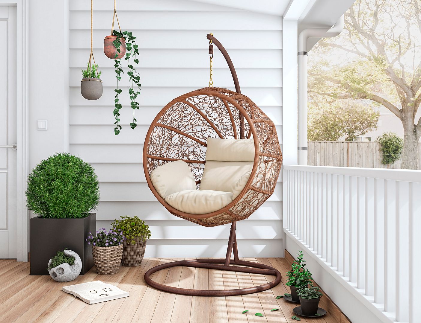 Zolo Hanging Lounge Egg Swing Chair in Cream and Saddle Brown