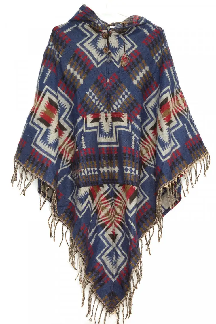 Ethnic Style Abstract Geometric Printed Hooded Cloak