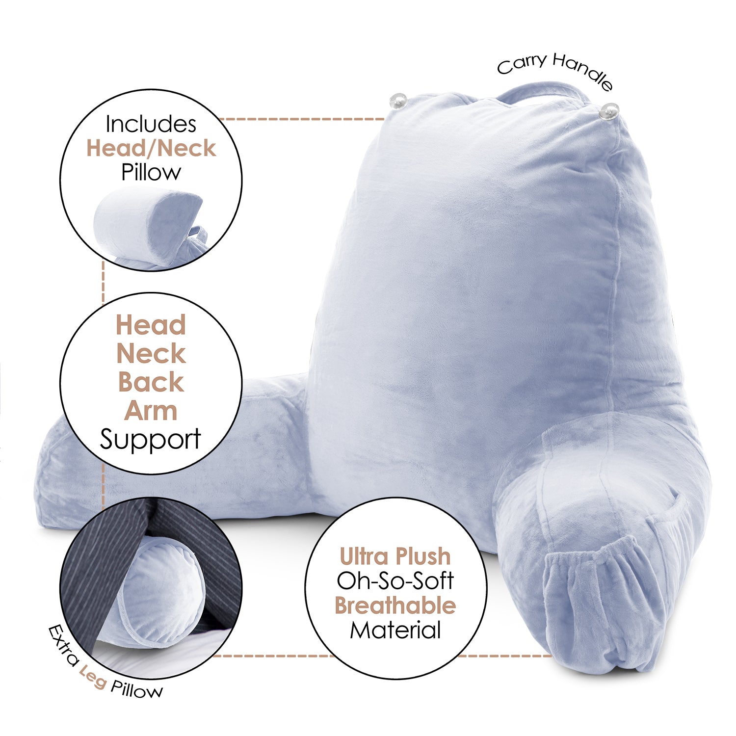 Nestl Reading Pillow, Extra Large Bed Rest Pillow with Arms – Premium Shredded Memory Foam TV Pillow, Detachable Neck Roll & Lumbar Support Pillow - Ice Blue
