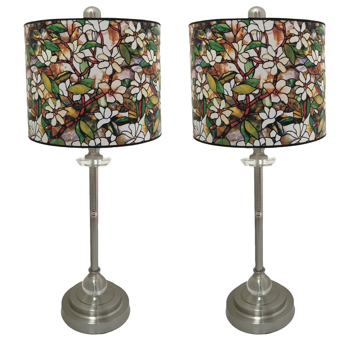 Royal Designs 28" Crystal and Brushed Nickel Buffet Lamp with Magnolia Stained Glass Design Hard Back Lamp Shade, Set of 2