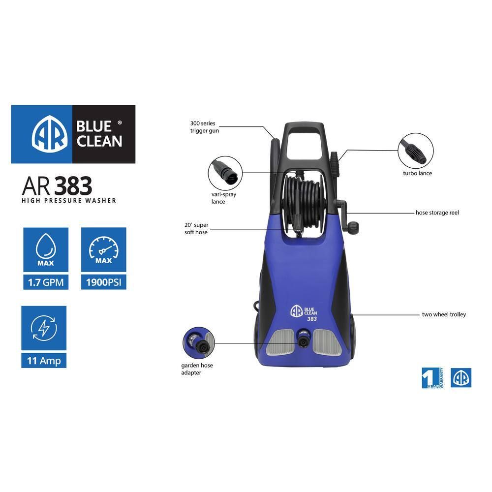 AR Blue Clean 1，900 psi 1.5 GPM Electric Cold Water