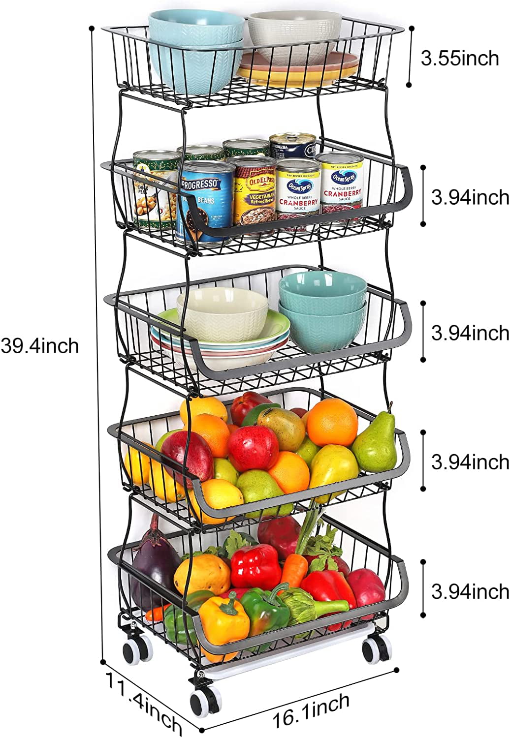 5 Tier Fruit Storage Basket Stand Kitchen Rolling Cart Vegetable Fruit Rack