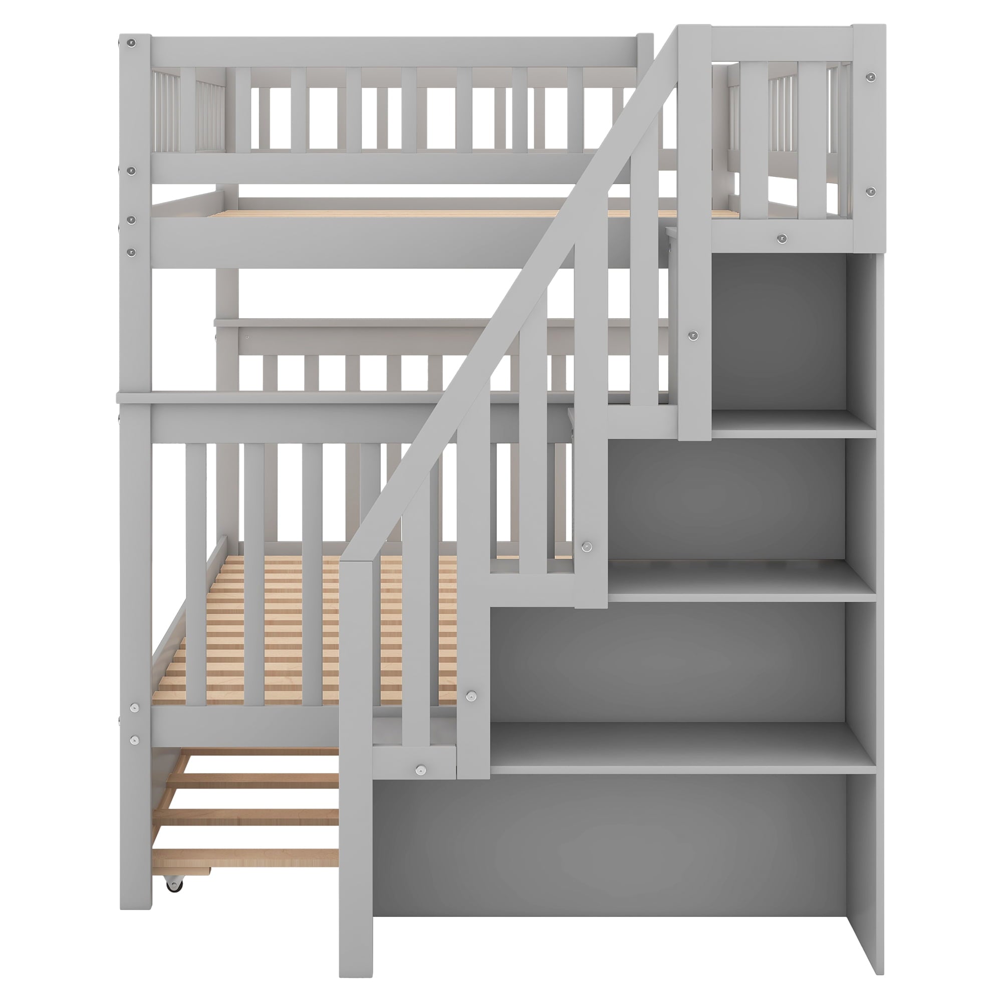 Euroco Full over Full Bunk Bed with Trundle and Storage Shelves for Kids, Gray