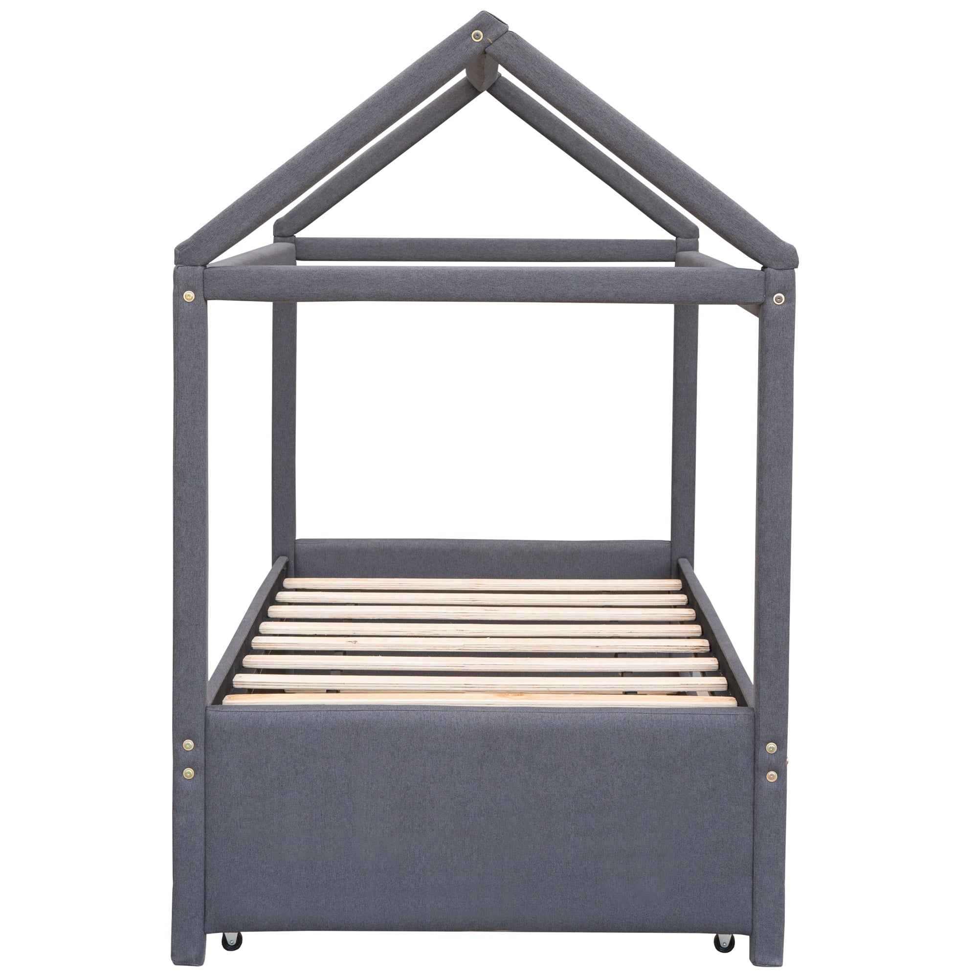 Twin Upholstery House Platform Bed with Trundle for Kids, Gray