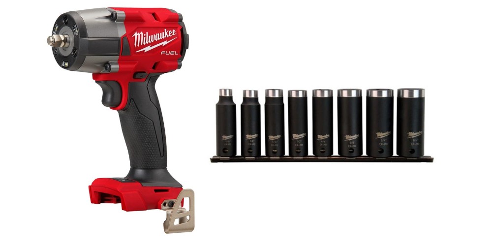 Milwaukee M18 FUEL 3/8 Mid Torque Impact Wrench with Friction Ring Bare Tool and 3/8 Impact Socket Drive Deep 8pc Bundle