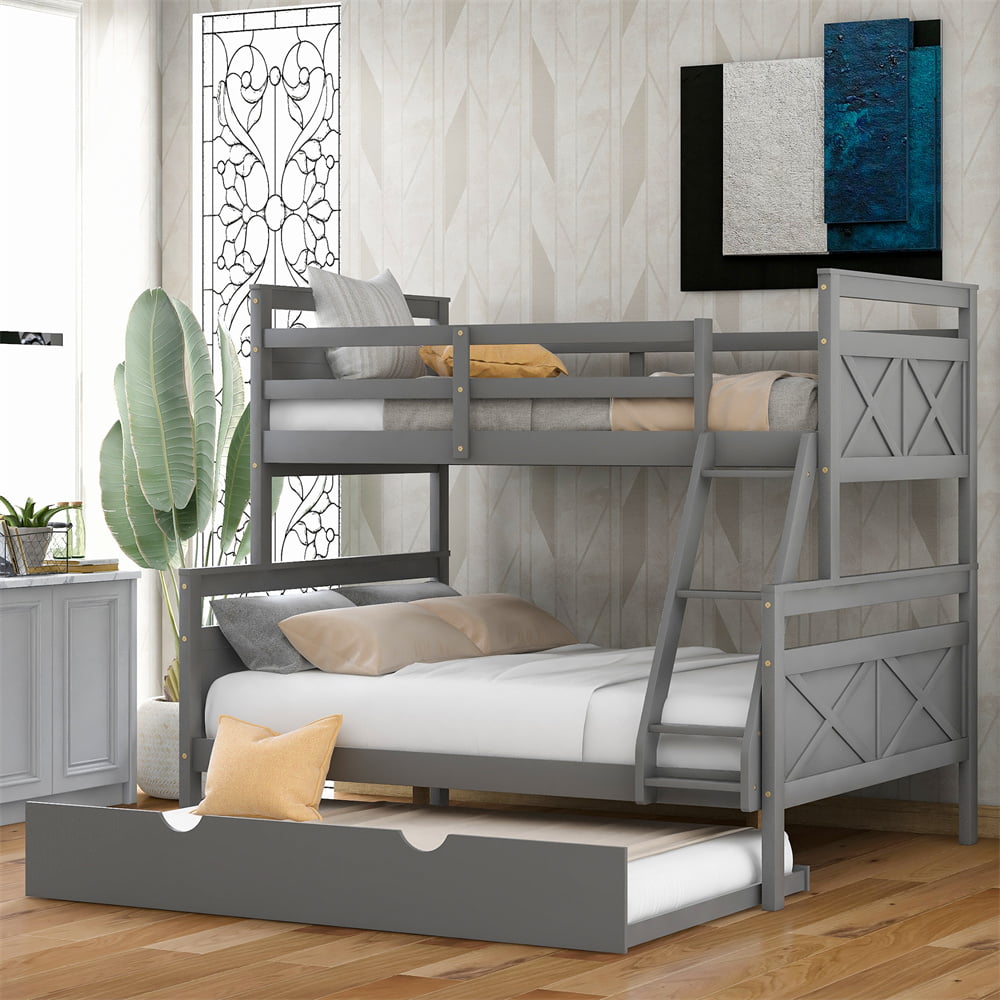 Twin Over Full Bunk Bed with Trundle, Pine Wood Bed Frame and Ladder with Guard Rails for Toddlers, Kids, Teens, Boys and Girls, Grey