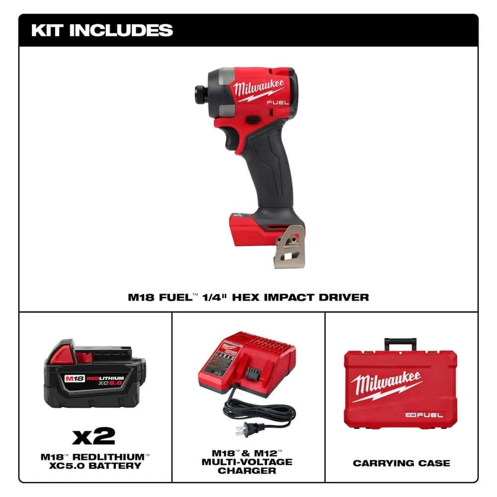 Milwaukee M18 FUEL 18V Lithium-Ion Brushless Cordless 1/4 in. Hex Impact Driver Kit with Two 5.0Ah Batteries Charger Hard Case 2953-22