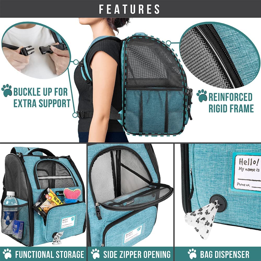 Dog Cat Backpack Carrier, Expandable Pet Carrier Backpack for Travel Hiking, Small Medium Dog Puppy Large Cat Carrying Backpack, Airline Approved Ventilated Soft Back Support, 18 lbs, Teal Blue