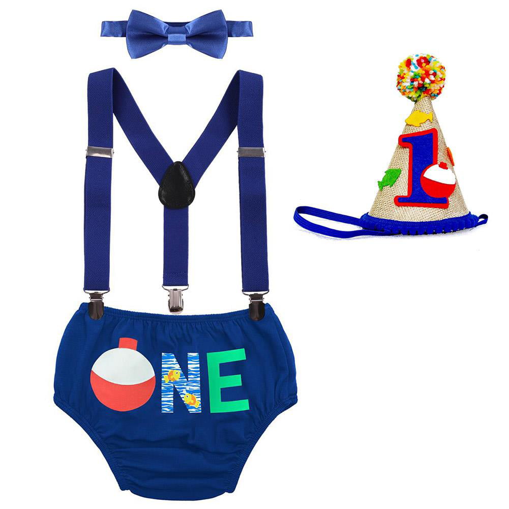 Cake Smash Outfit Boy Baby The Big ONE First 1st Birthday Outfits Toddler Gone Fishing Party Supplies O-Fish-ally One Little Fisherman Suspenders Bowtie Diaper Cover Hat Sets Royal Blue 12-18 Months