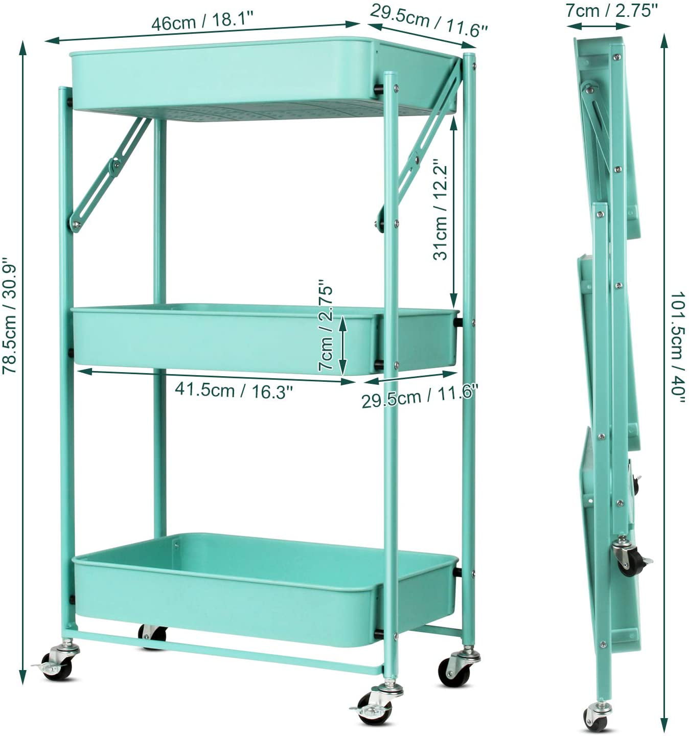 Todeco 3 Tier Foldable Plastic Rolling Storage Utility or Kitchen Cart，Folding Mobile Trolley Storage Organizer with Wheels for Office Bathroom Bedroom，Free Assembly，Green