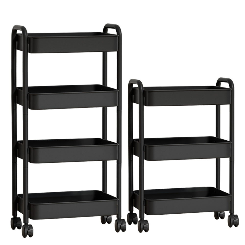 3 Tier / 4 Tier Metal Rolling Storage Cart with Metal Baskets Sturdy Storage Trolley with Handles 4 Hooks Locking Wheel for Kitchen Bedroom and Bathroom Black