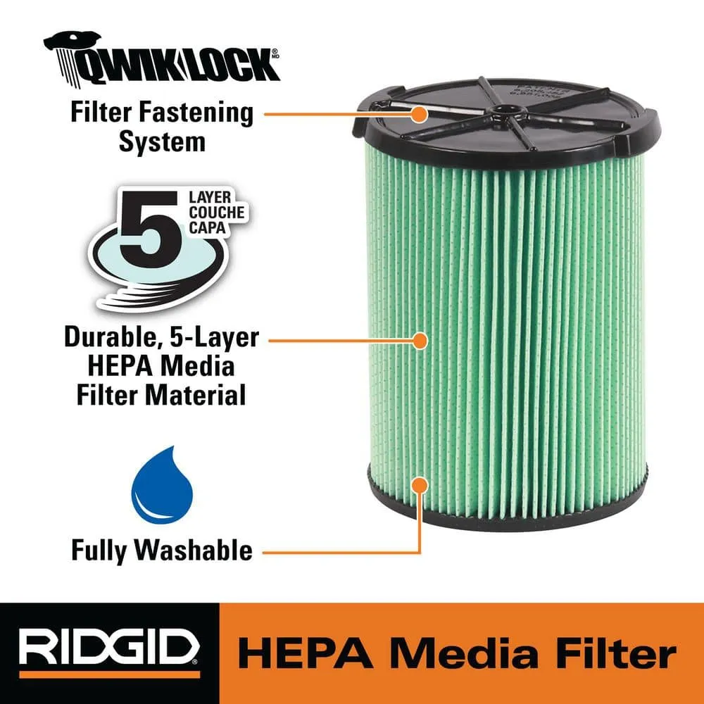 RIDGID 5-Layer HEPA Material Pleated Paper Filter for Most 5 Gallon and Larger RIDGID Wet/Dry Shop Vacuums VF6000