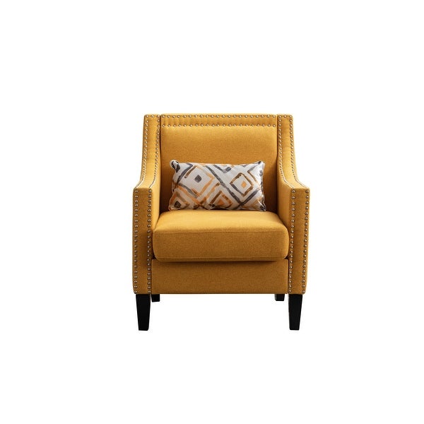 Modern Accent Armchair with Nailheads Trim(from Bottom to Top) and Wood Legs， Barrel Chair with Curved edges， Yellow