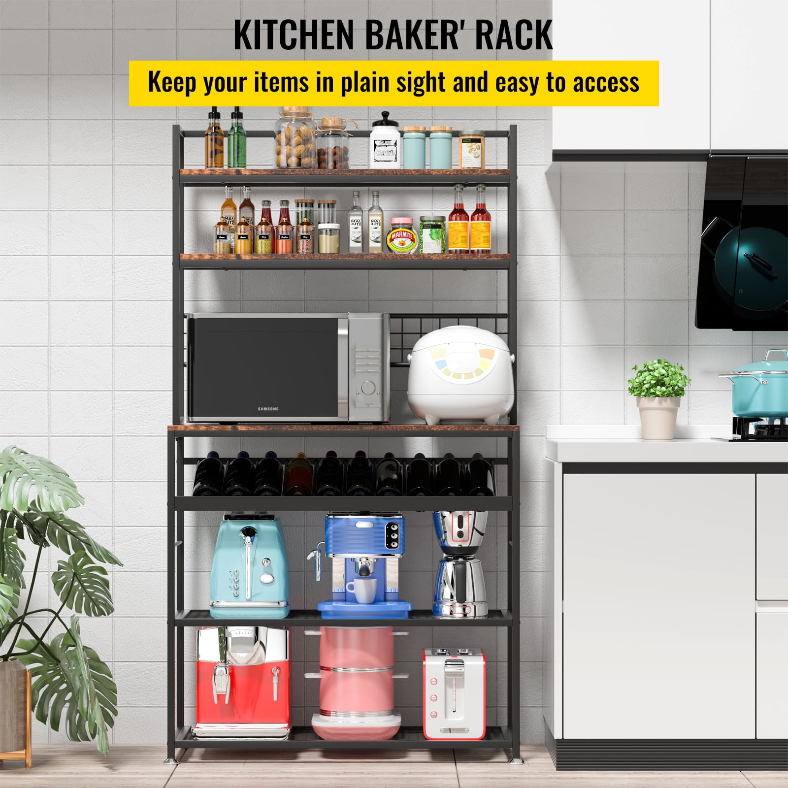 VEVOR Kitchen Bakers Rack with Cabinet 6-Tier Storage Shelf Rack 11 Hooks 65
