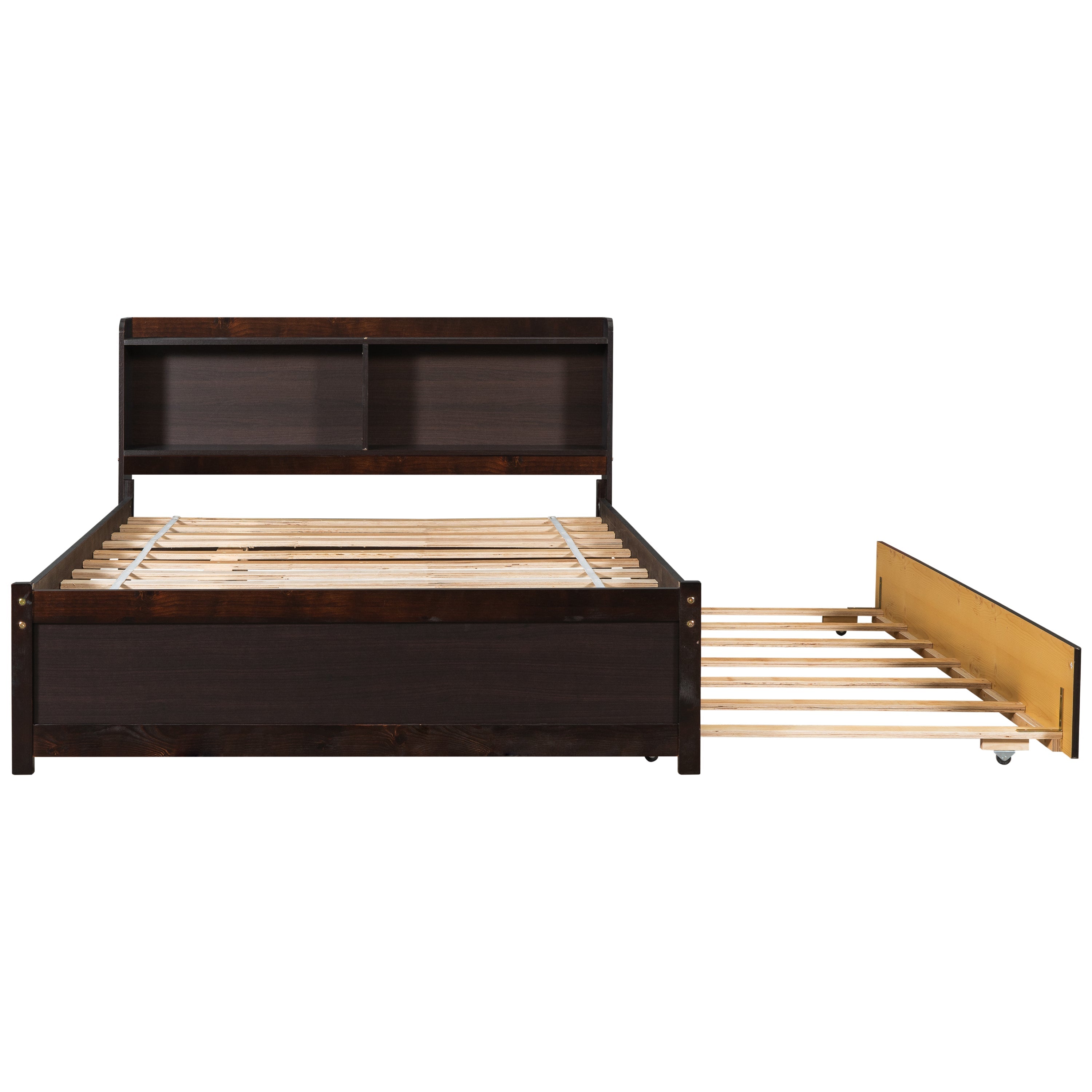 Full Bed Frame with Trundle Included, BTMWAY Wood Platform Bed with Storage Bookcase and Headboard, No Box Spring Needed, Full Size Bed Frame for Kids Boys Girls Teens, 85''x57.5''x36.7'', Espresso