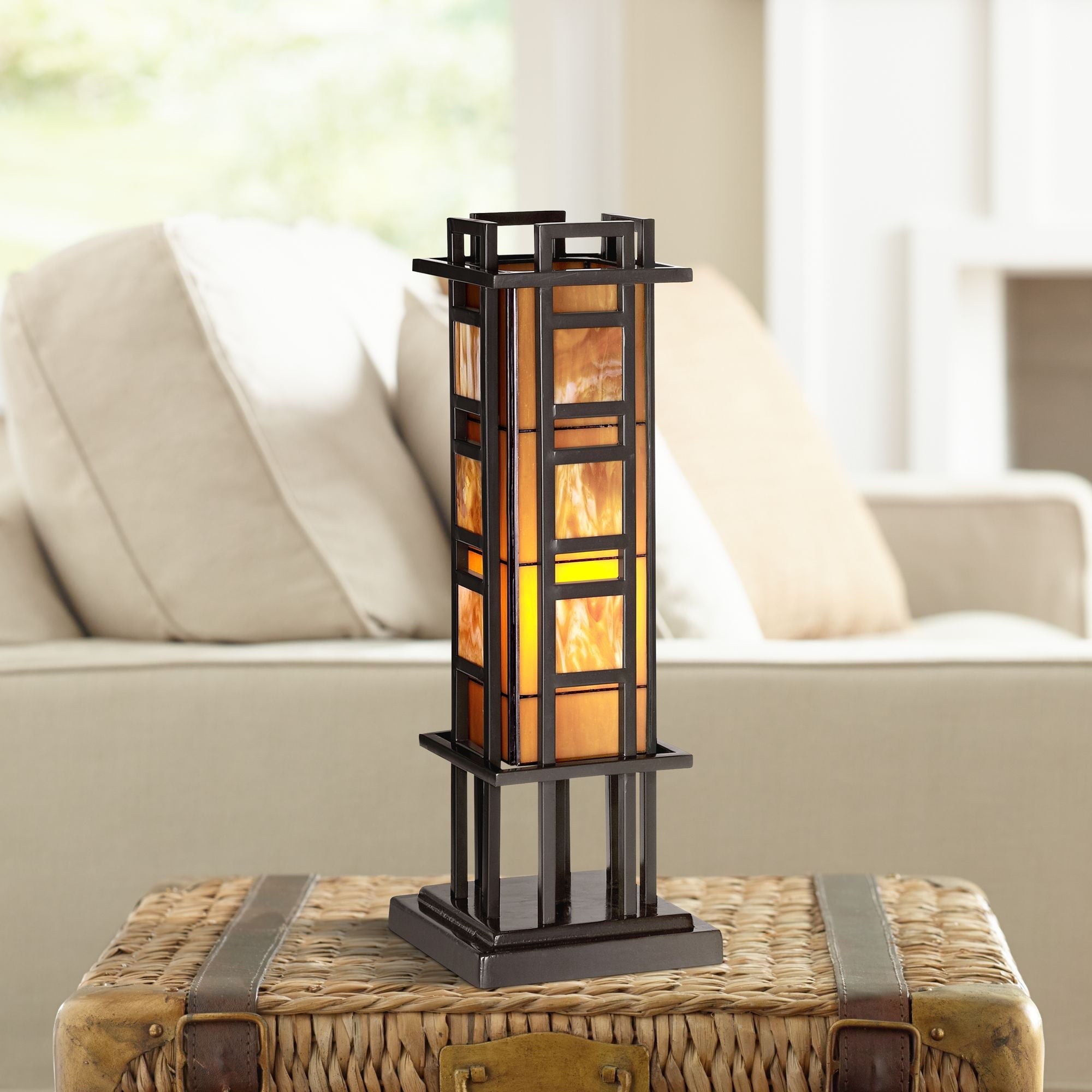 Robert Louis  Mission Accent Table Lamp Bronze Iron Column Amber Stained Glass for Living Room Family Bedroom Office