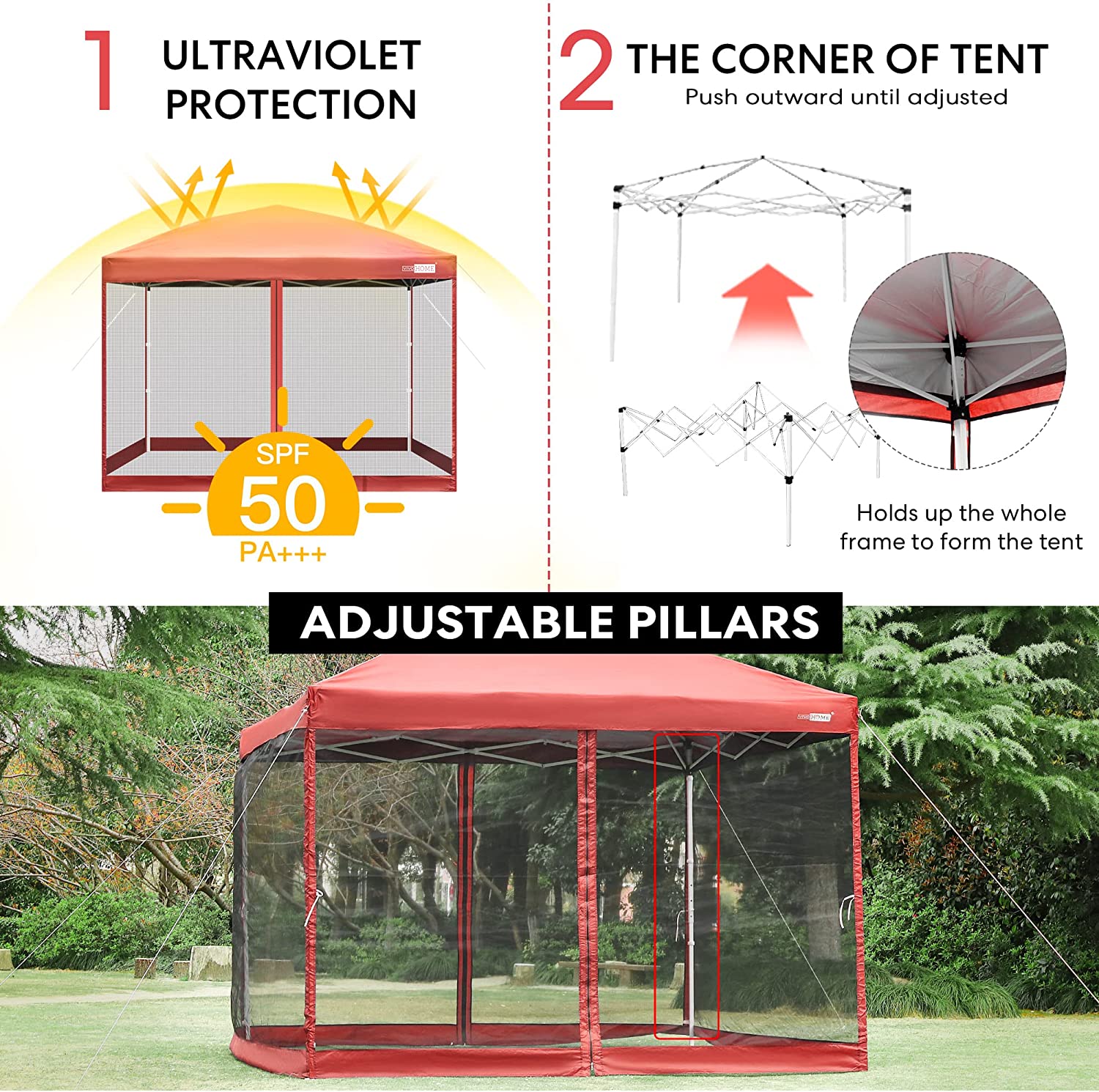 VIVOHOME 210D Oxford Outdoor Easy Pop Up Canopy Screen Party Tent with Mesh Side Walls (8 x 8 FT, Red)