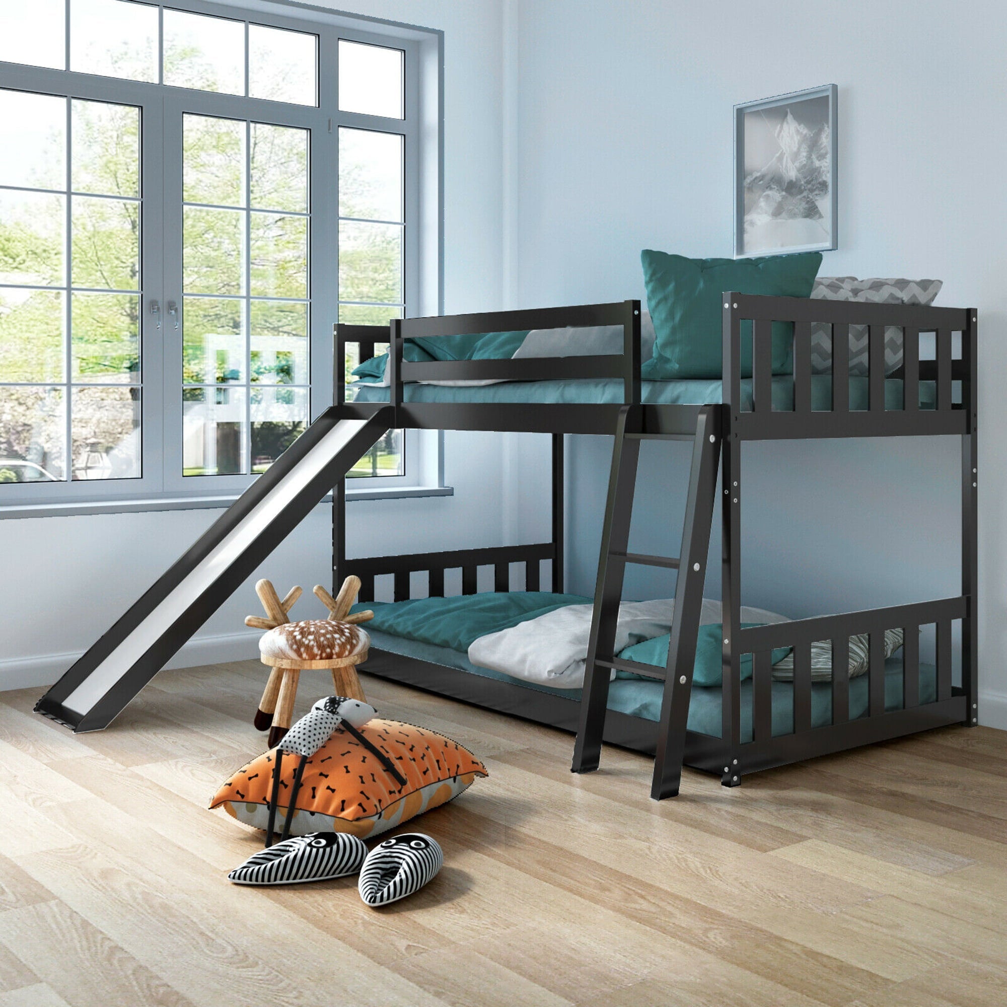 Gymax Twin over Twin Bunk Wooden Low Bed with Slide Ladder for Kids Espresso