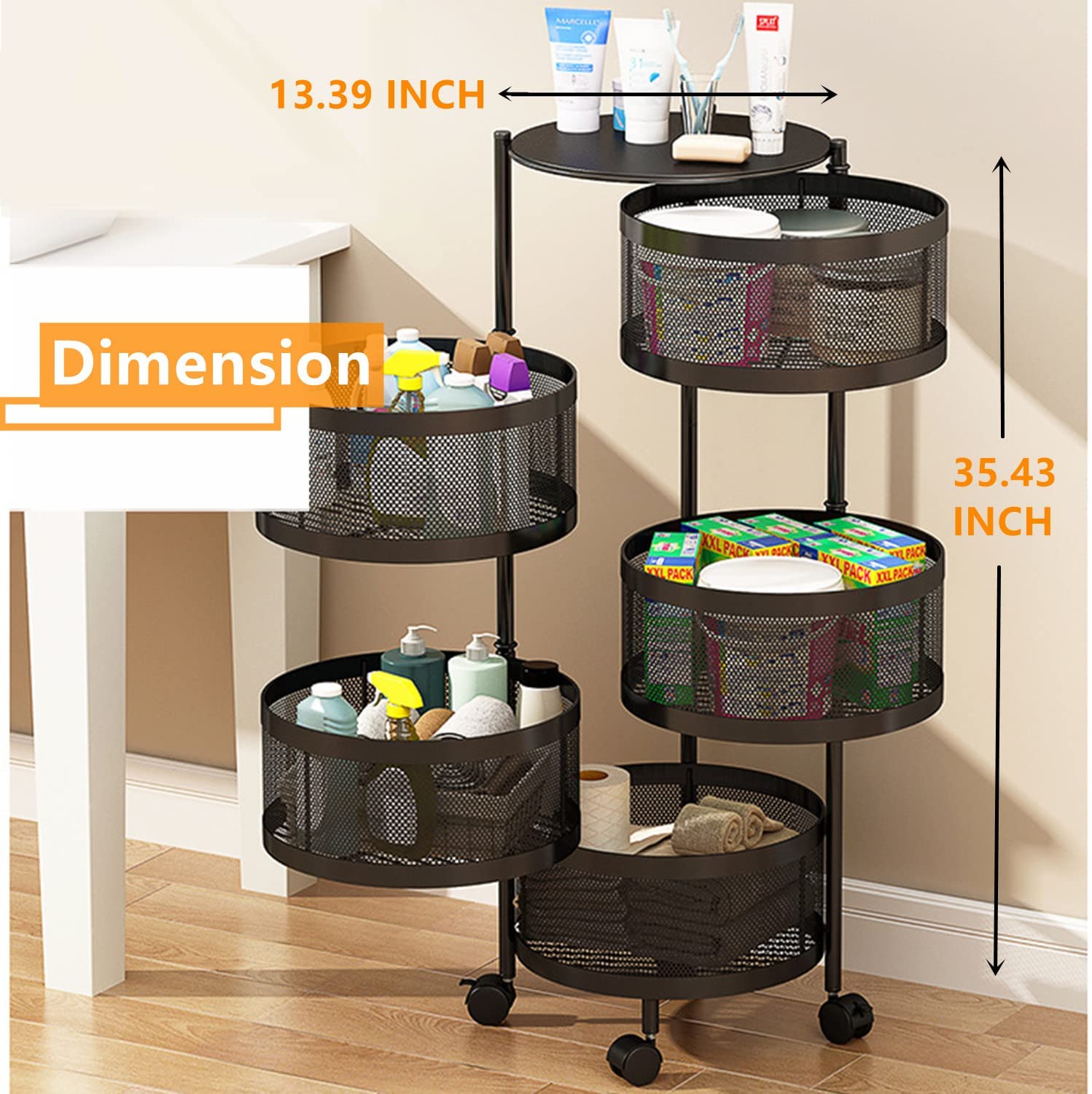 Fruit Vegetable Storage Basket Rolling Cart for Kitchen 5 Tier， Rotating Rack Bins Baskets for Shelving， Food Organizer Utility Carts Metal Shelf Stand with Wheels Drawers for Bathroom， Living Room