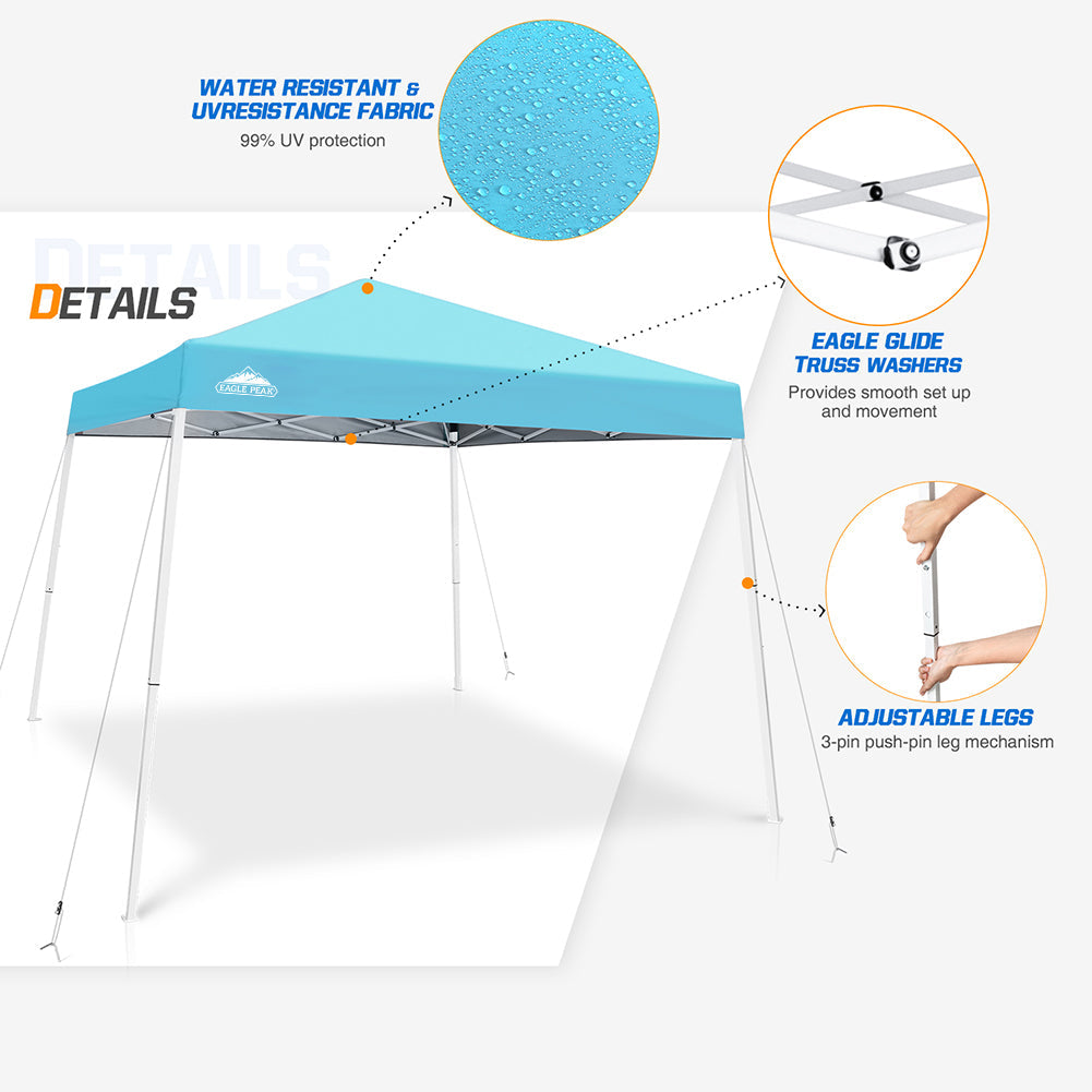 EAGLE PEAK 10' x 10' Slant Leg Pop-up Canopy Tent Easy One Person Setup Instant Outdoor Canopy Folding Shelter with 64 Square Feet of Shade (Light Blue)