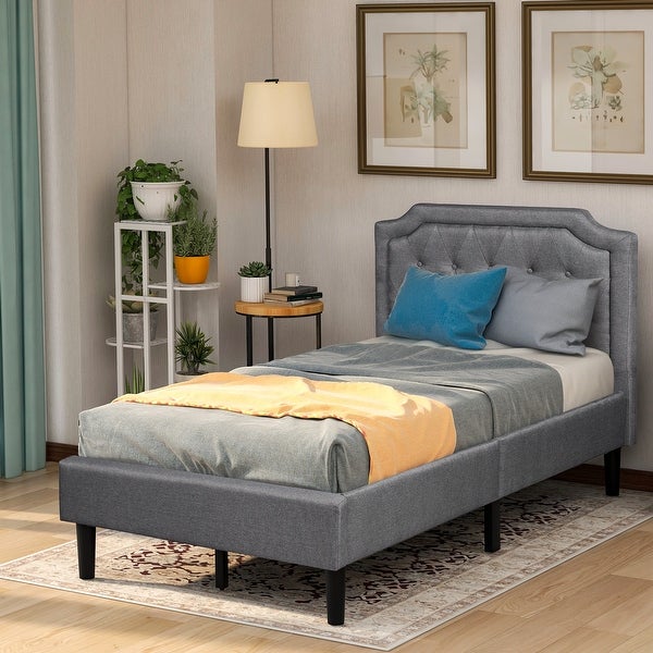 Upholstered Scalloped Linen Platform Bed with Upholstered button tufted headboard， Solid and durable structure(Twin，Gray)