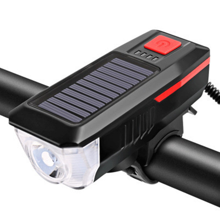 USB Rechargeable Bike Light， Solar Power LED Bike Headlight and Taillight Set Super Bright Bicycle Light Waterproof Safety Flashlight with Horn for Riding Hiking Camp Cycling Mountain Street Road