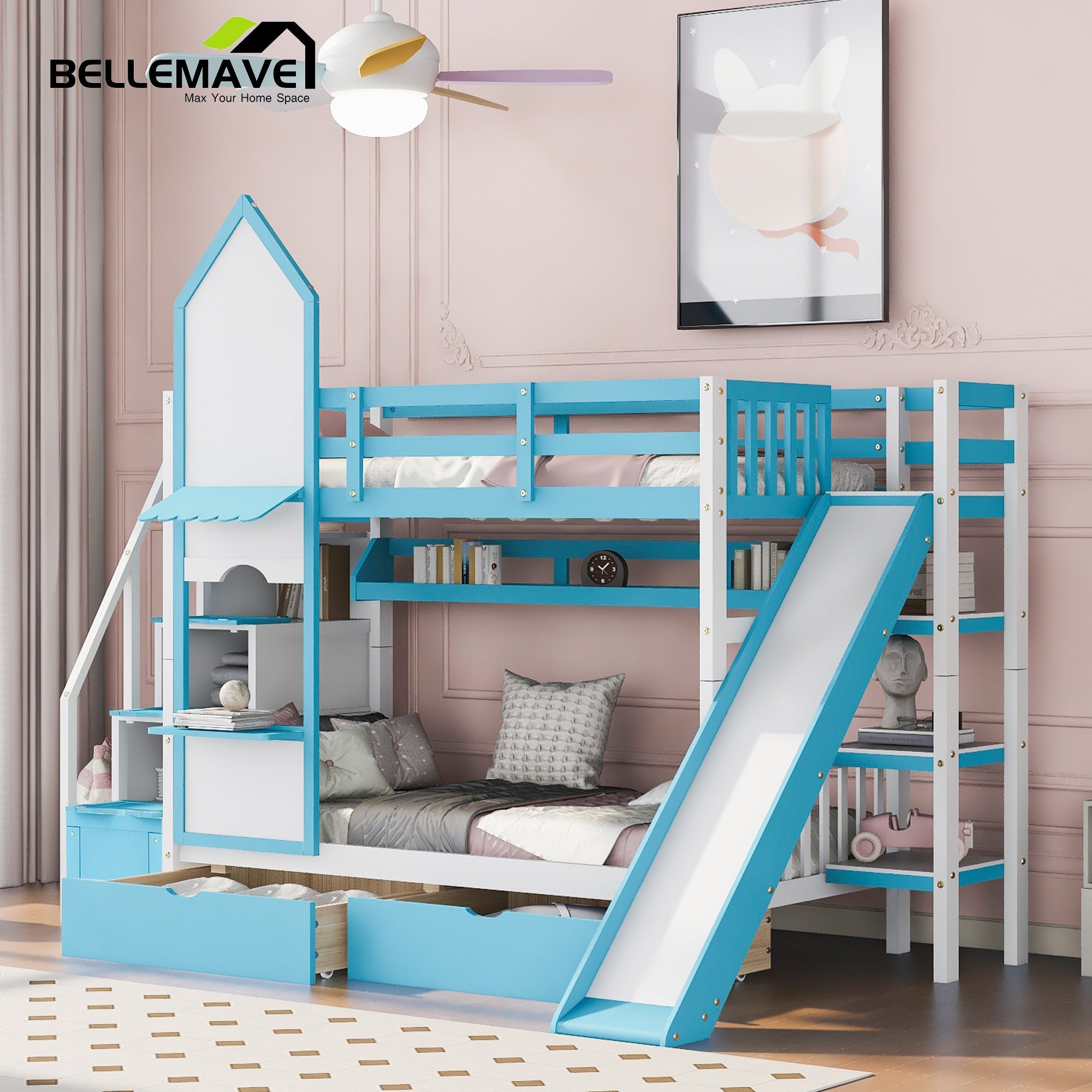 BELLEMAVE Kids Castle Bunk Bed with Storage Drawers, Shelf, Slide and Safety Guardrail, Twin over Twin Bunk Bed with Stairs, Castle Bunk Bed/Playhouse Bed for Girls, Boys, Kids(Blue)