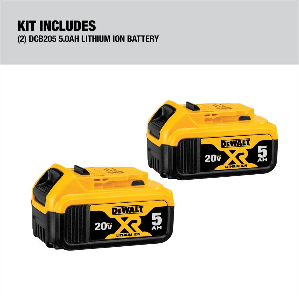 DW 20V MAX XR Starter Kit 5.0Ah Battery 2 Pack with Charger and Bag DCB205-2CK