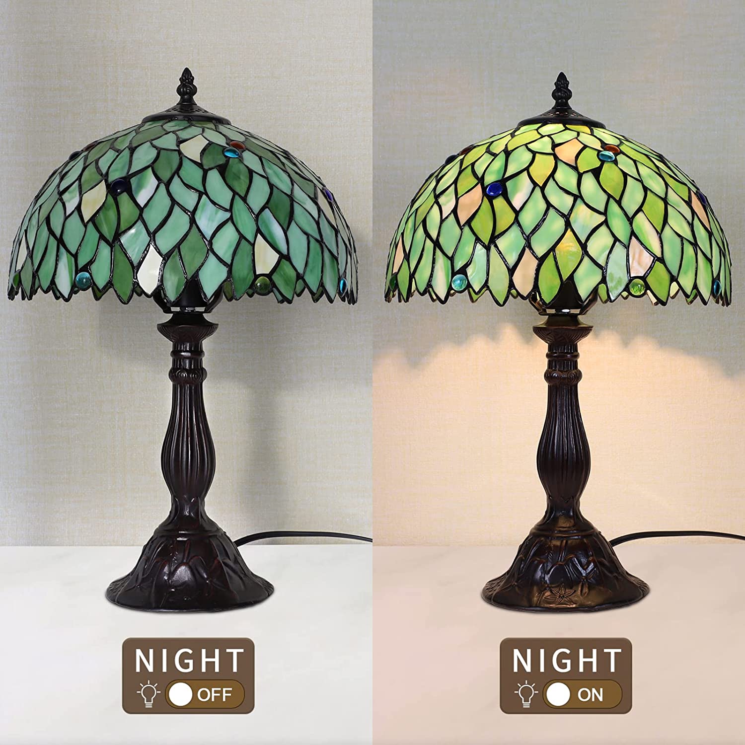 YELROL  Lamp Table Lamp Stained Glass Leaf Bedside Lamp Reading Desk Light for Bedroom Living Room Green 18\u201D Tall 1 PCS LED Bulb(2700K E26) Included Unique Gifts