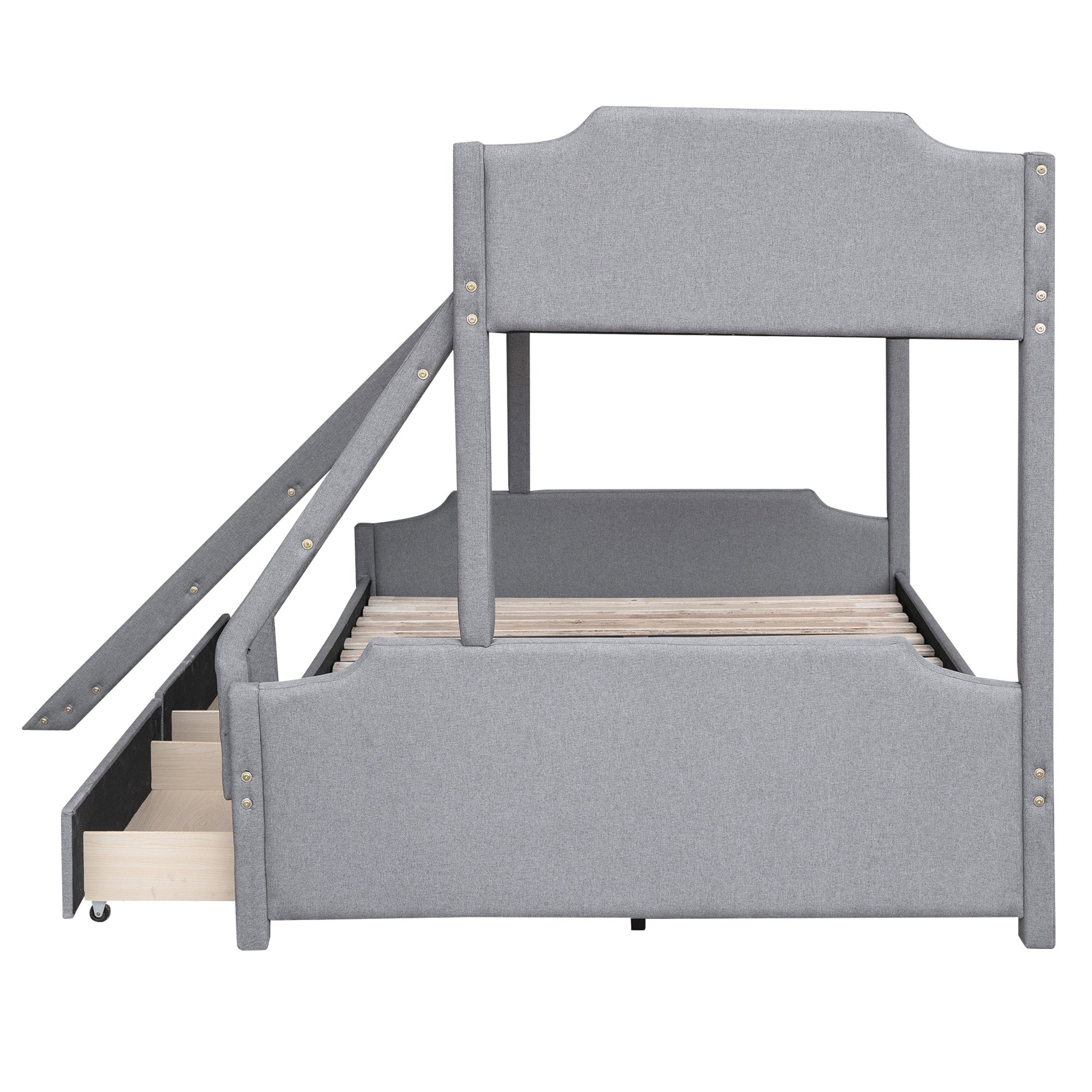 EUROCO Upholstery Twin over Full Bunk Bed with Slide and Drawers for Kids Room, Gray