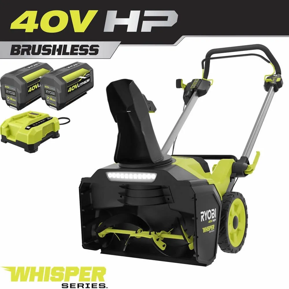 RYOBI 40V HP Brushless Whisper Series 21 in. Single-Stage Cordless Battery Snow Blower with (2) 7.5 Ah Batteries & Charger RY408101